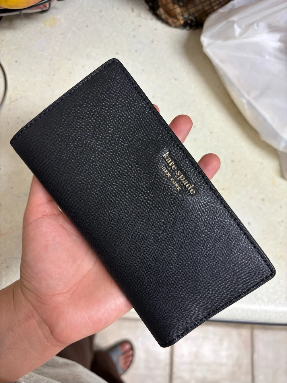 kate spade Black Saffiano Continental Zip Wallet with Gold Logo